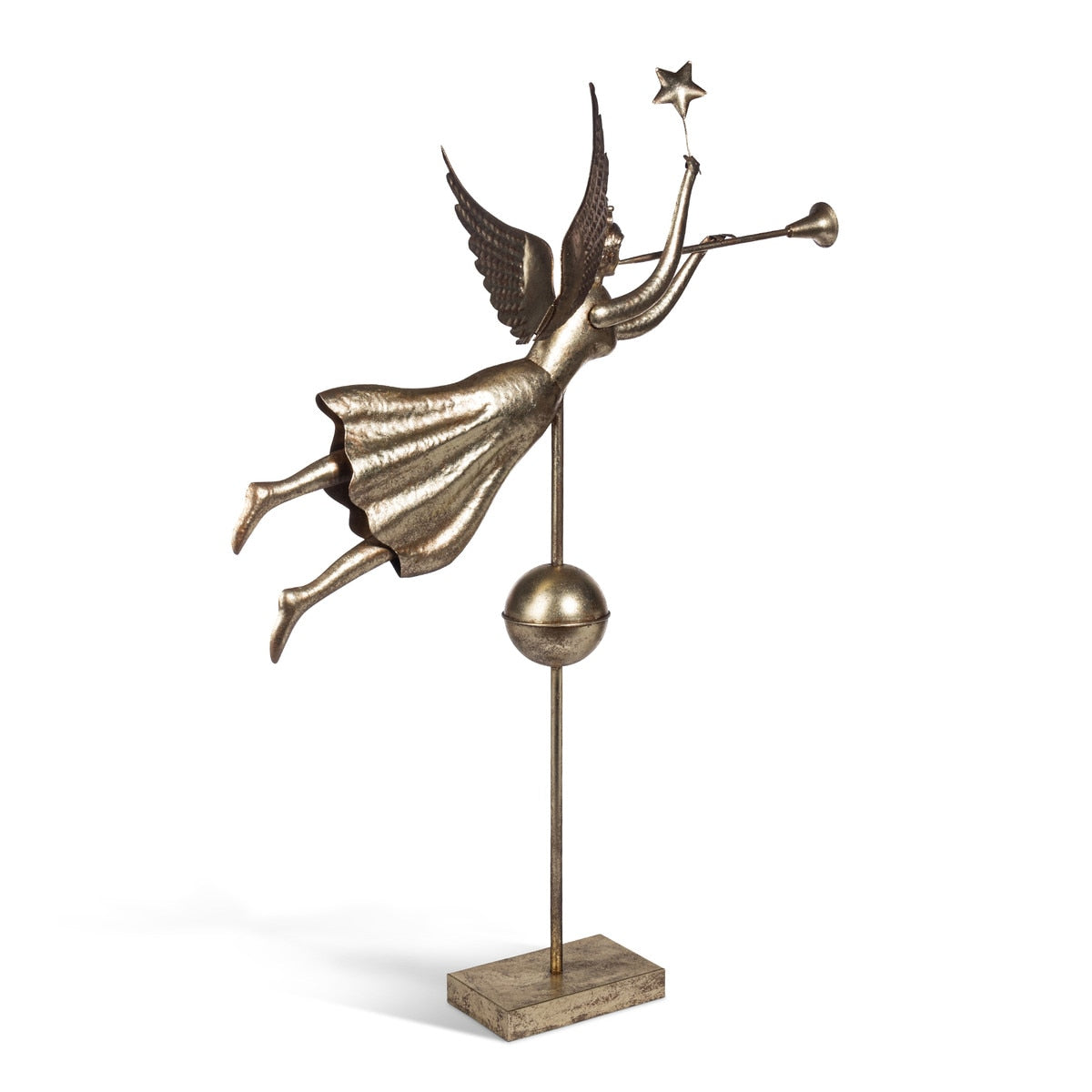 Life-size iron angel statue with trumpet in gold finish