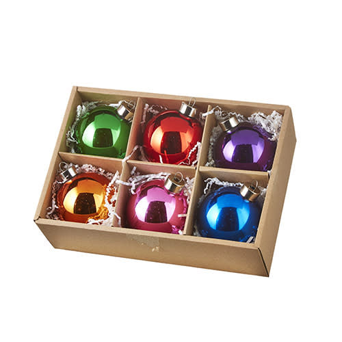 Set of six colorful, glossy, spherical Christmas ornaments in a brown cardboard box.