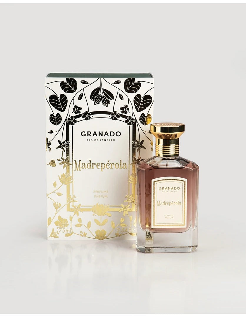 Madrepérola Eau de Parfum bottle and decorative floral box by Granado Rio de Janeiro.
