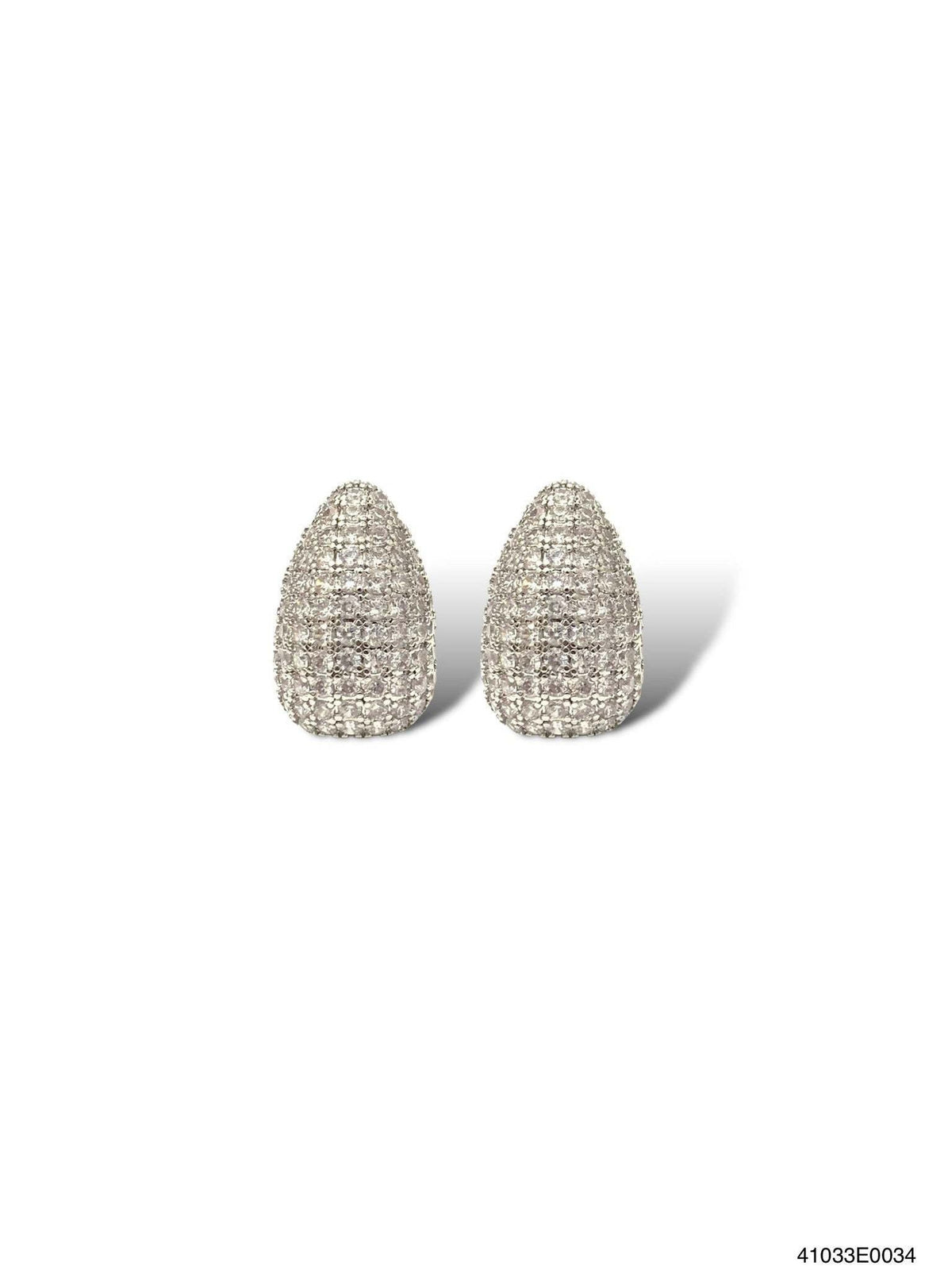 White gold Victoria teardrop earrings featuring three-quarter inch clear cubic zirconia stones on pierced posts.
