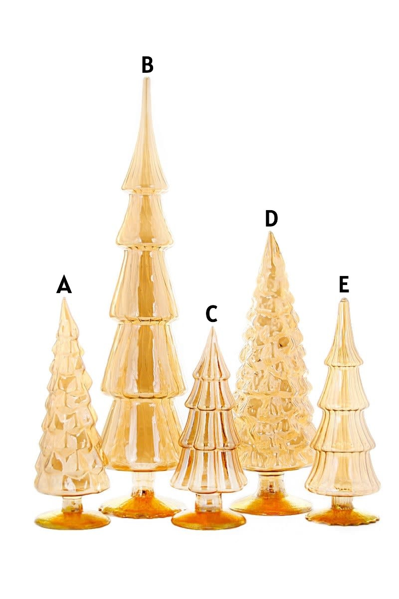 Amber glass candle in a tree-shaped vessel with natural wood accents.