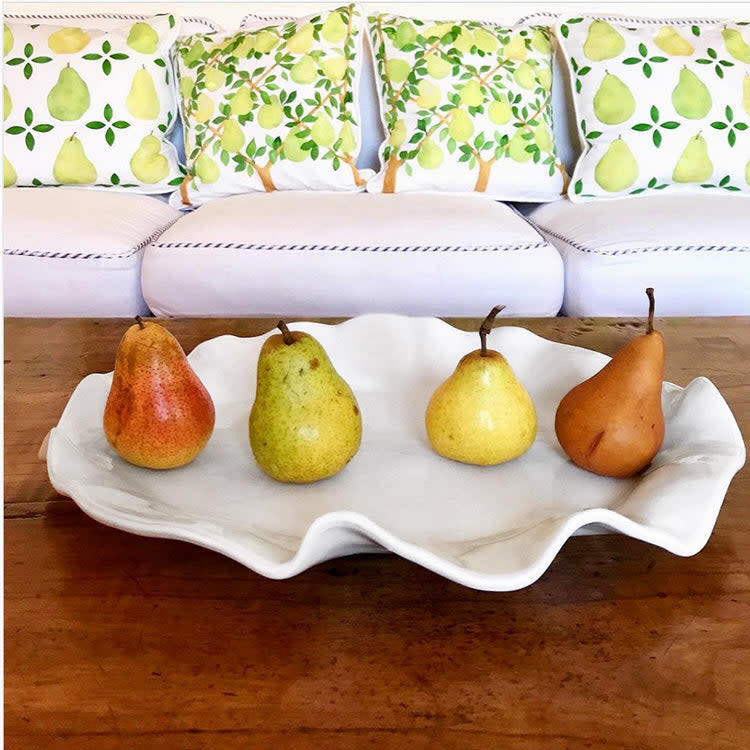 White oval melamine serving platter with opalescent finish