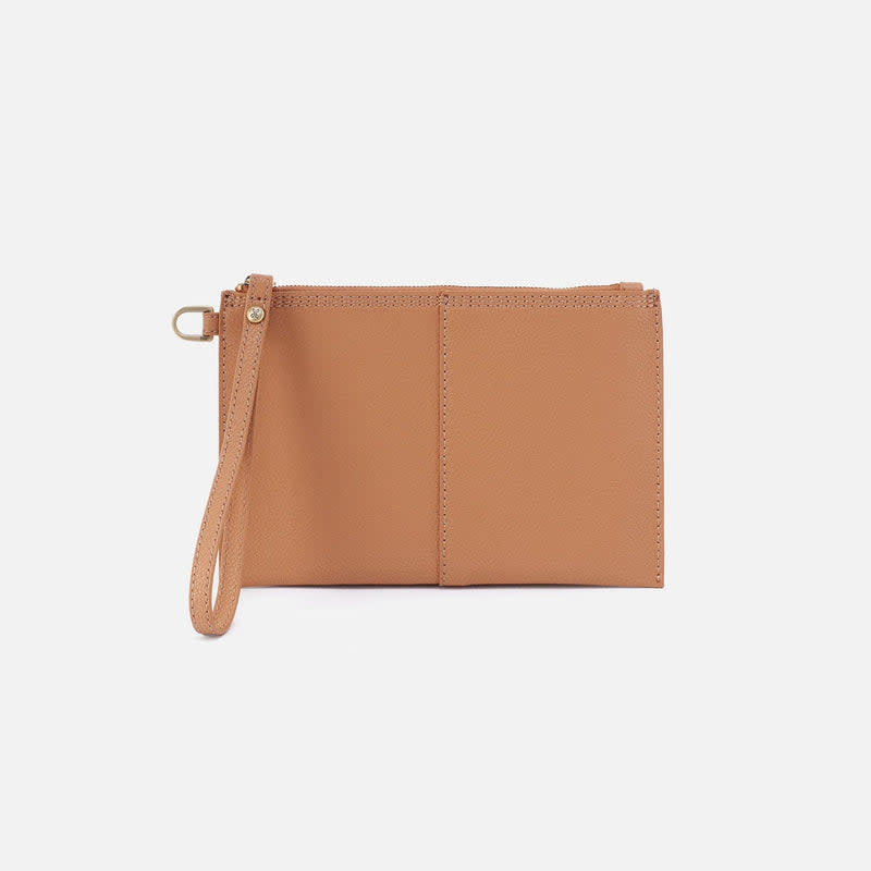 Biscuit-colored leather small pouch with coconut shell interior, D-ring hardware, and zip closure.