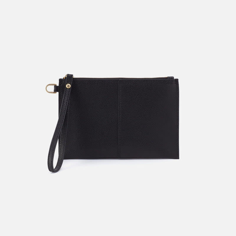 Black leather Vida small pouch with brushed antique brass hardware and a zip closure.