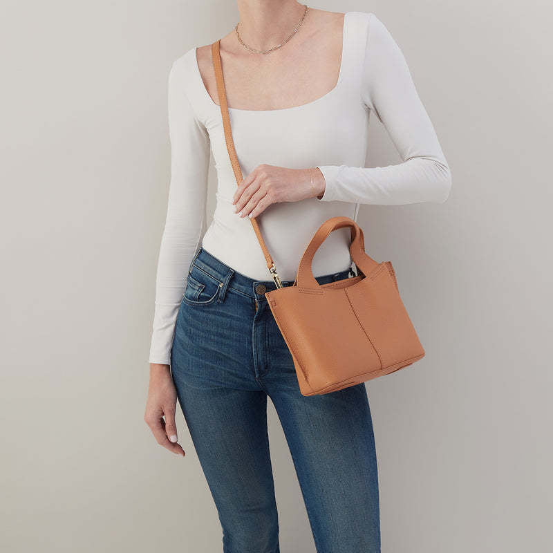 Small Vida tote bag in biscuit leather with brushed antique brass hardware.
