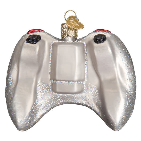 Glass ornament shaped like a video game controller with silver accents.