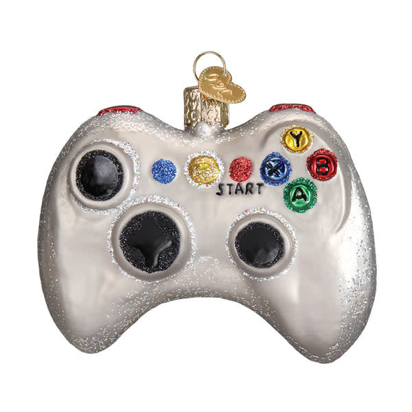 Glass ornament shaped like a video game controller with silver accents and hand-painted glitter finish.