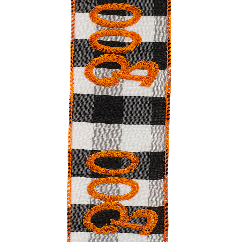 Black and white buffalo check wired ribbon with orange embroidered 'Boo' text and orange edges.