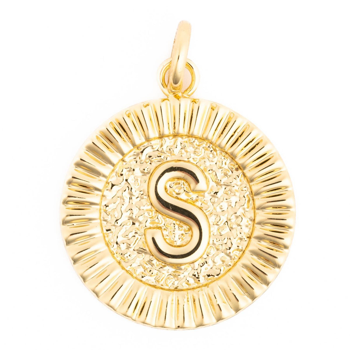 Round gold charm with a textured center featuring the letter S and a fluted sunburst border.