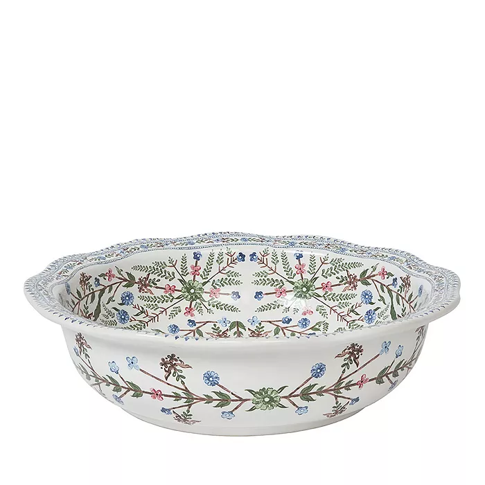 Chambray stoneware serving bowl with wildflower garland trim and floral interior motif