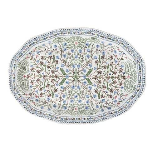 Chambray stoneware platter with intricate leaf pattern, wildflowers, and scalloped rim garlands.