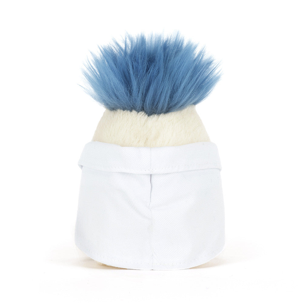 Back view of a plush boiled egg toy wearing a white scientist lab coat with spiky blue hair.