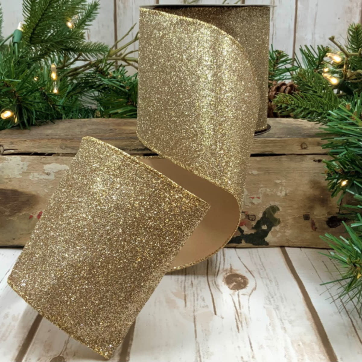 4-inch by 10-yard vintage glitter ribbon in gold and silver.