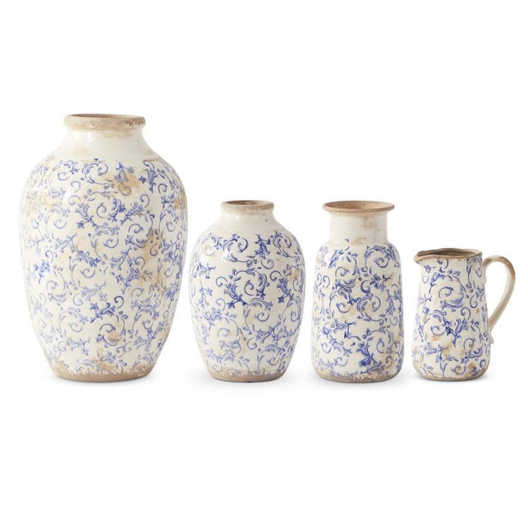 Vintage blue and white ceramic vase with intricate patterns on a classic silhouette.