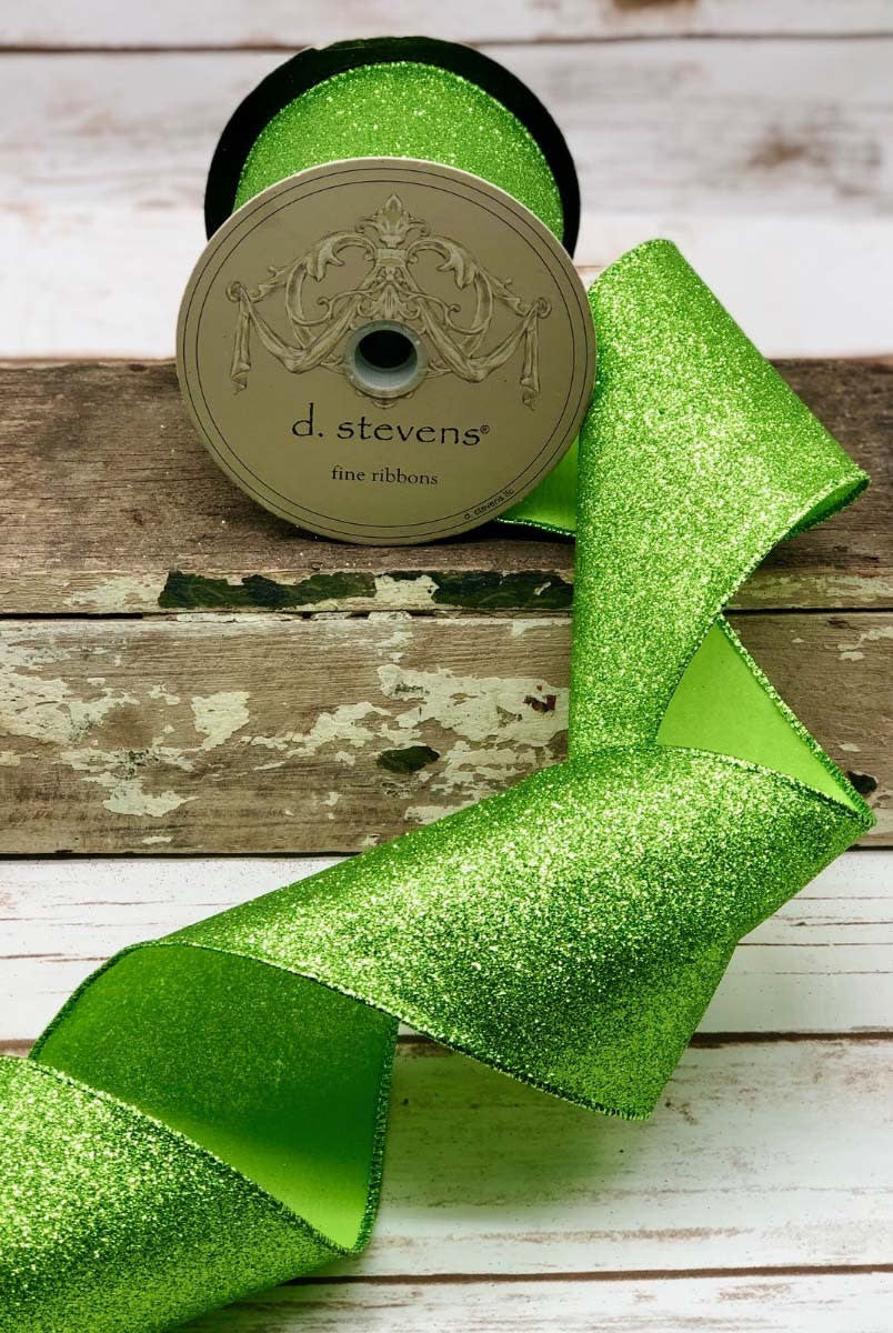 Apple-colored vintage glitter ribbon with a textured shimmer finish.