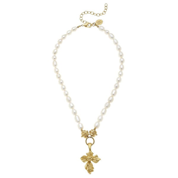 Triple-plated gold vintage cross pendant on a genuine freshwater pearl necklace with an extender chain.