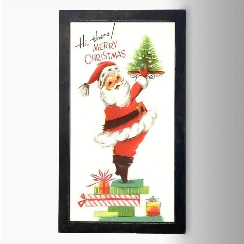 Framed print on hardboard featuring a vintage Santa illustration in black with reclaimed barn wood frame.
