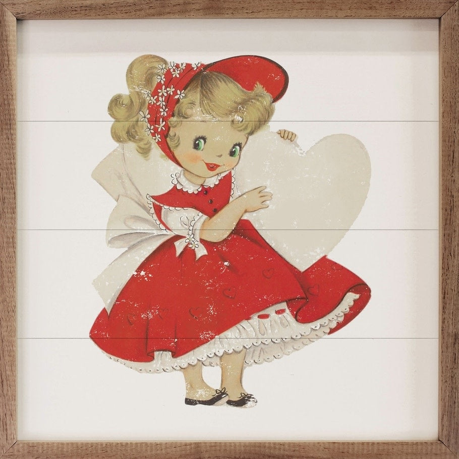 Vintage-style wooden plaque featuring a hand-painted girl holding a heart in natural walnut frame.