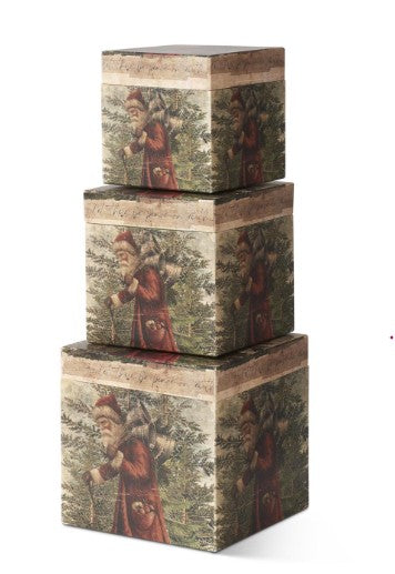 Three stacked vintage-style square gift boxes featuring classic Santa postcard artwork.