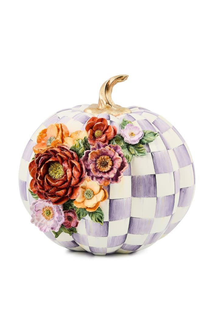 Hand-painted resin pumpkin with violet check patterns and cascading floral blooms in purple tones.
