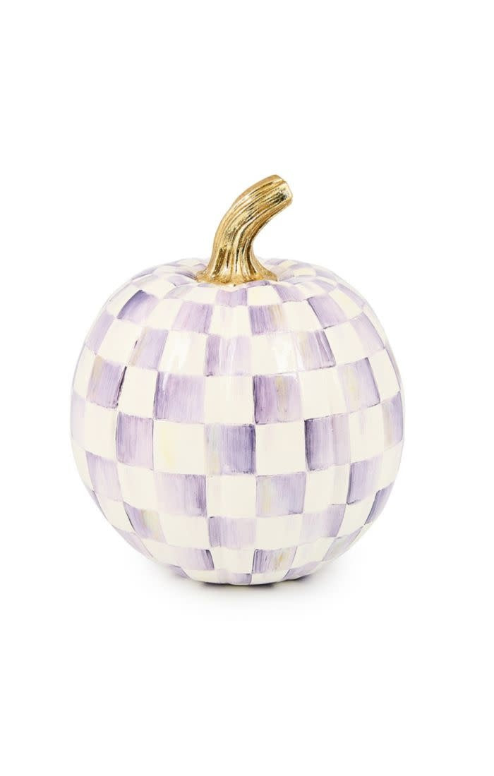 Hand-painted violet check resin small pumpkin with charming decorative details.