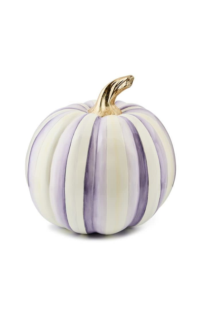 Resin medium pumpkin with bold violet and white vertical stripes.