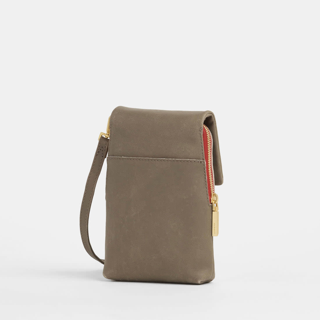 Pewter brushed gold VIP Mobile crossbody bag with red zipper detail