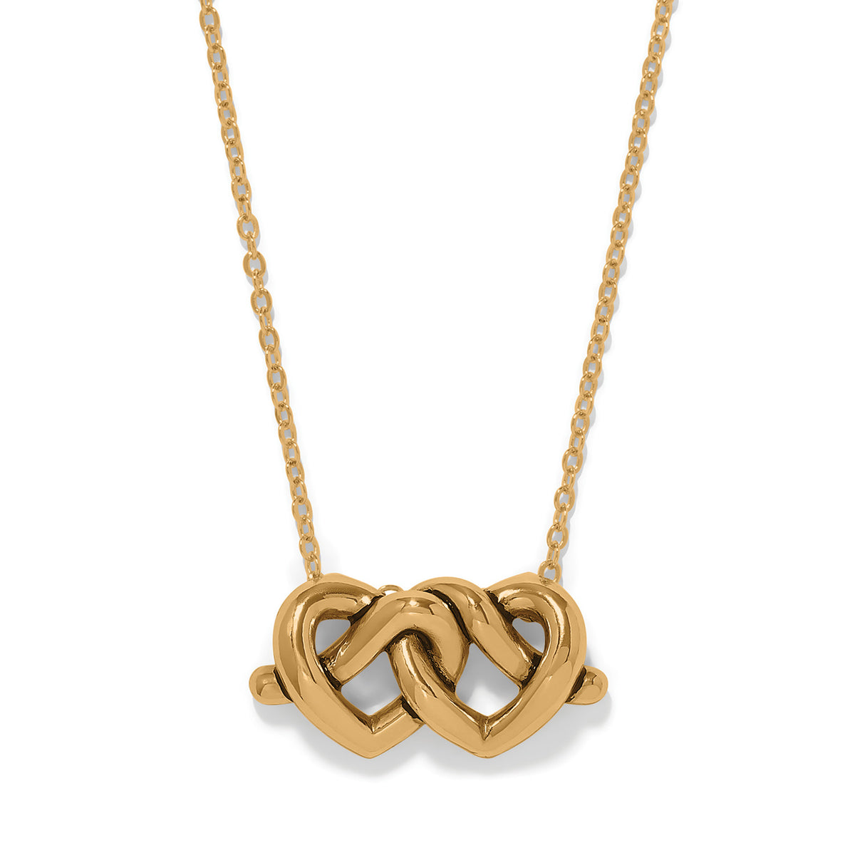 Interlok Linked Hearts Necklace in gold-plated finish with two intertwined heart pendants.