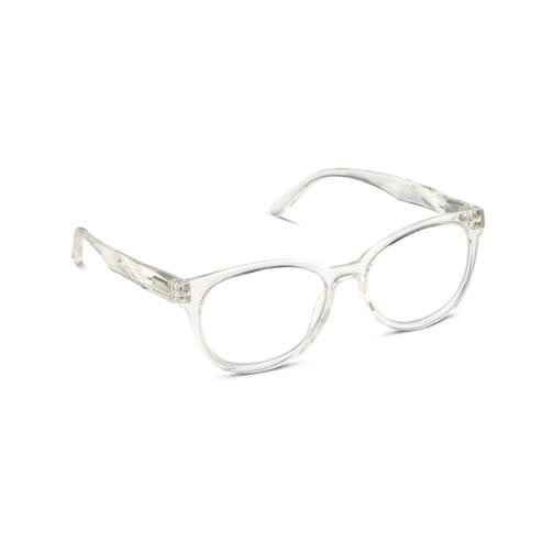 Virginia eyeglasses with soft square frame, blue light focus lenses, angular faceted temples, and dimensional swirl pattern.