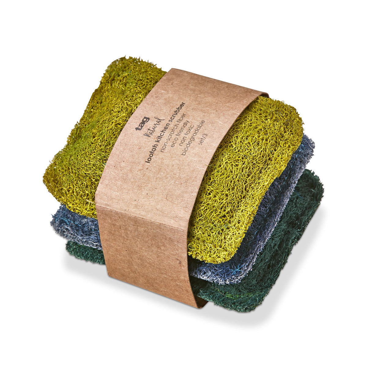Set of three loofah kitchen scrubbers in yellow, blue, and green with a brown paper band.