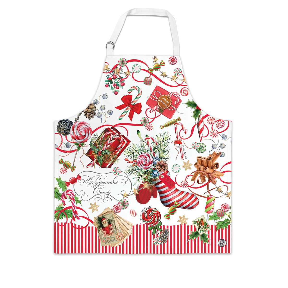 Holiday apron made of white cotton with adjustable neck D-rings.