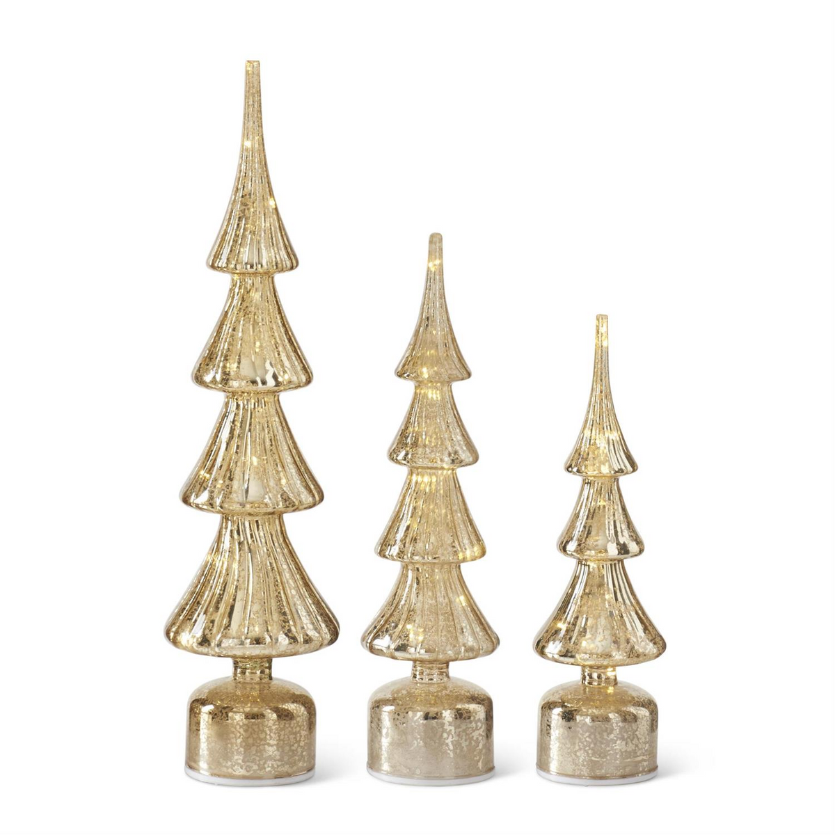 Three rotating ribbed gold mercury glass LED Christmas trees in graduated sizes with warm lights.