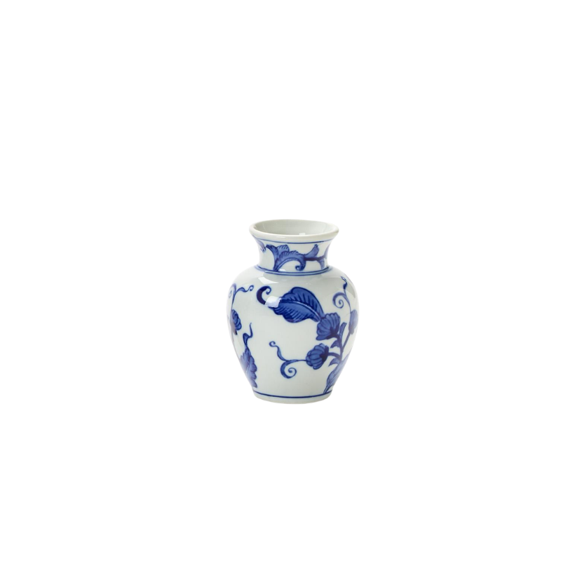 Hand-painted blue and white porcelain chinoiserie vase with floral motifs and a flared rim.