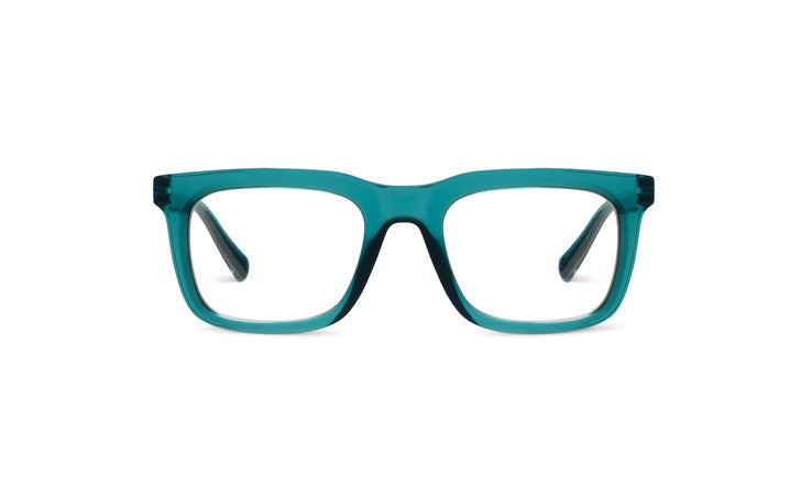 Lasso square-shaped blue light glasses with a translucent teal polycarbonate frame.