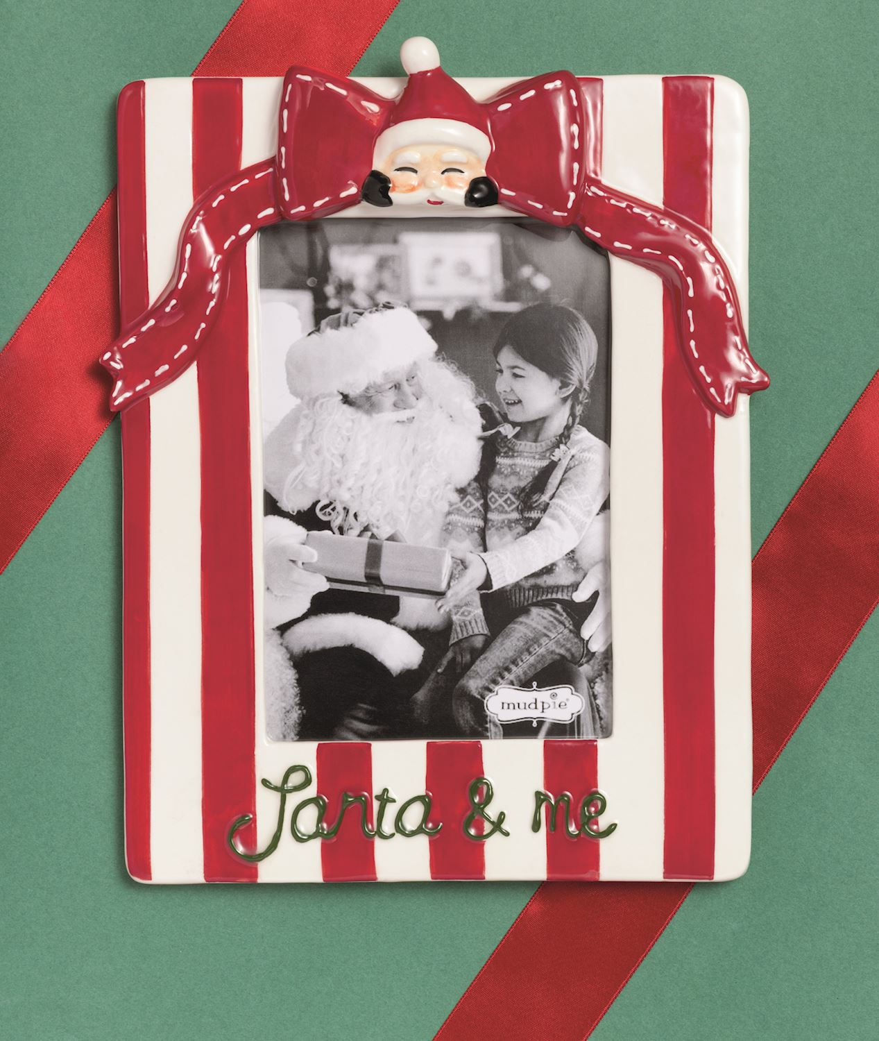Ceramic red and white striped photo frame with a Santa bow and green "Santa & me" script.