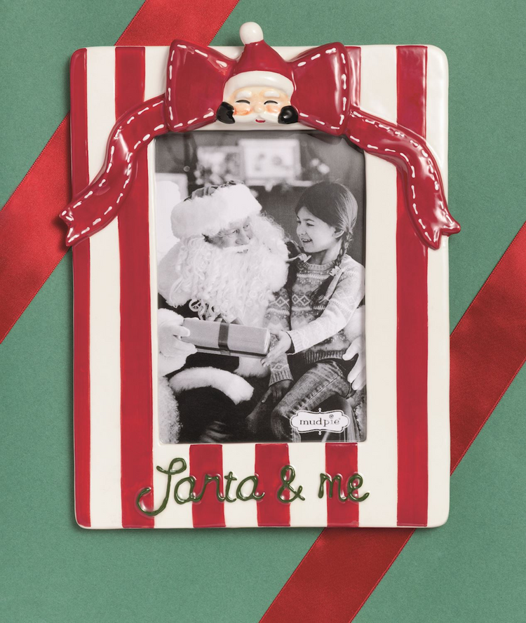 Ceramic red and white striped photo frame with a Santa bow and green "Santa & me" script.