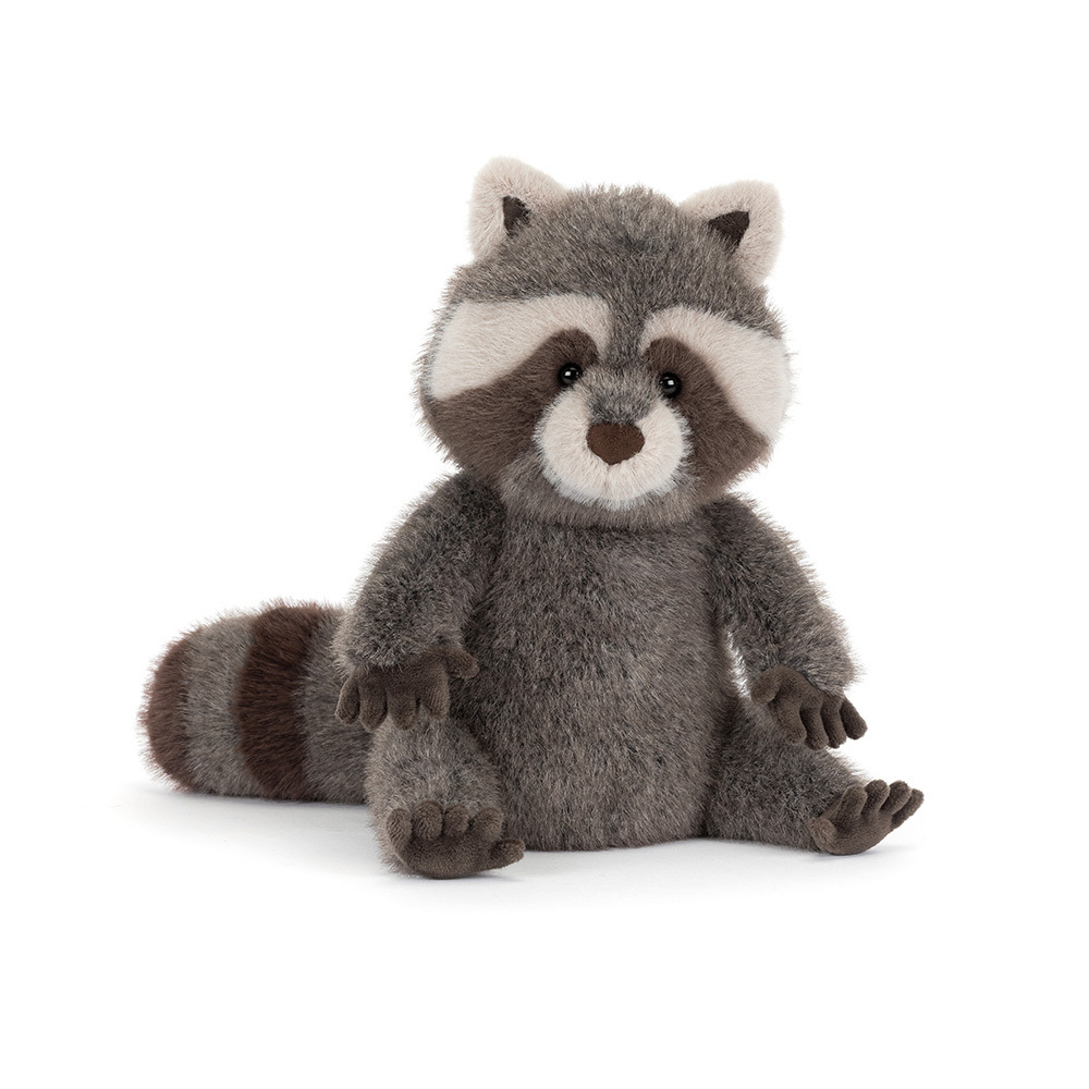Trixiwoo Raccoon plush toy with grey fur, masked face, and a striped tail sitting upright.