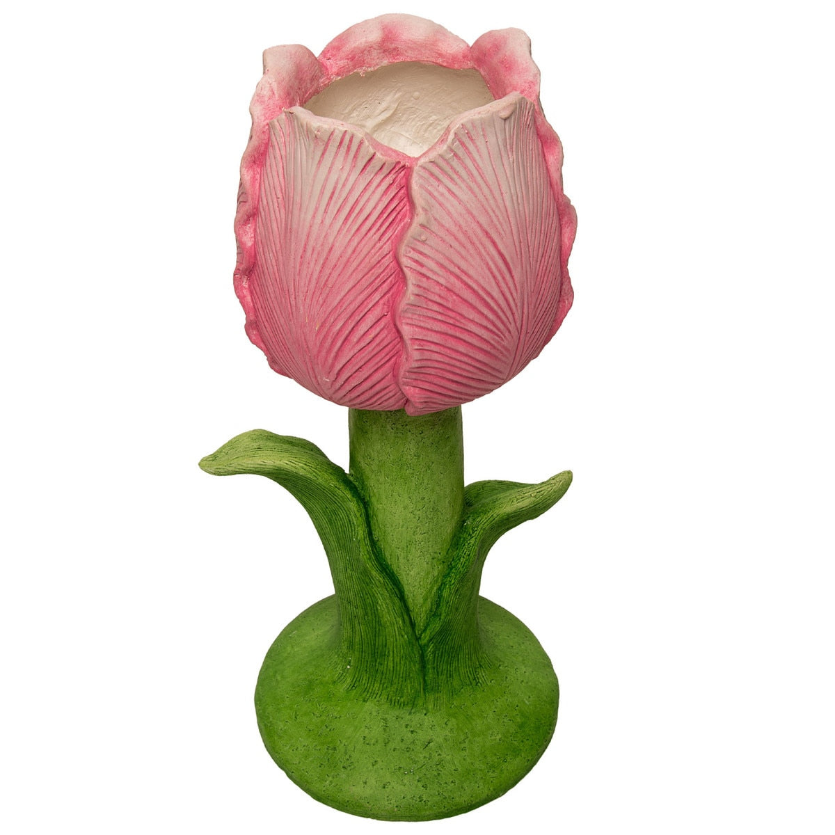 Pink single tulip planter with leaves standing alone