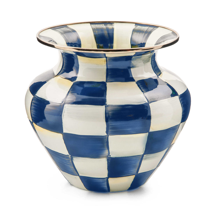 Large hand-painted blue and white checkered enamel vase with a bronzed stainless steel rim.