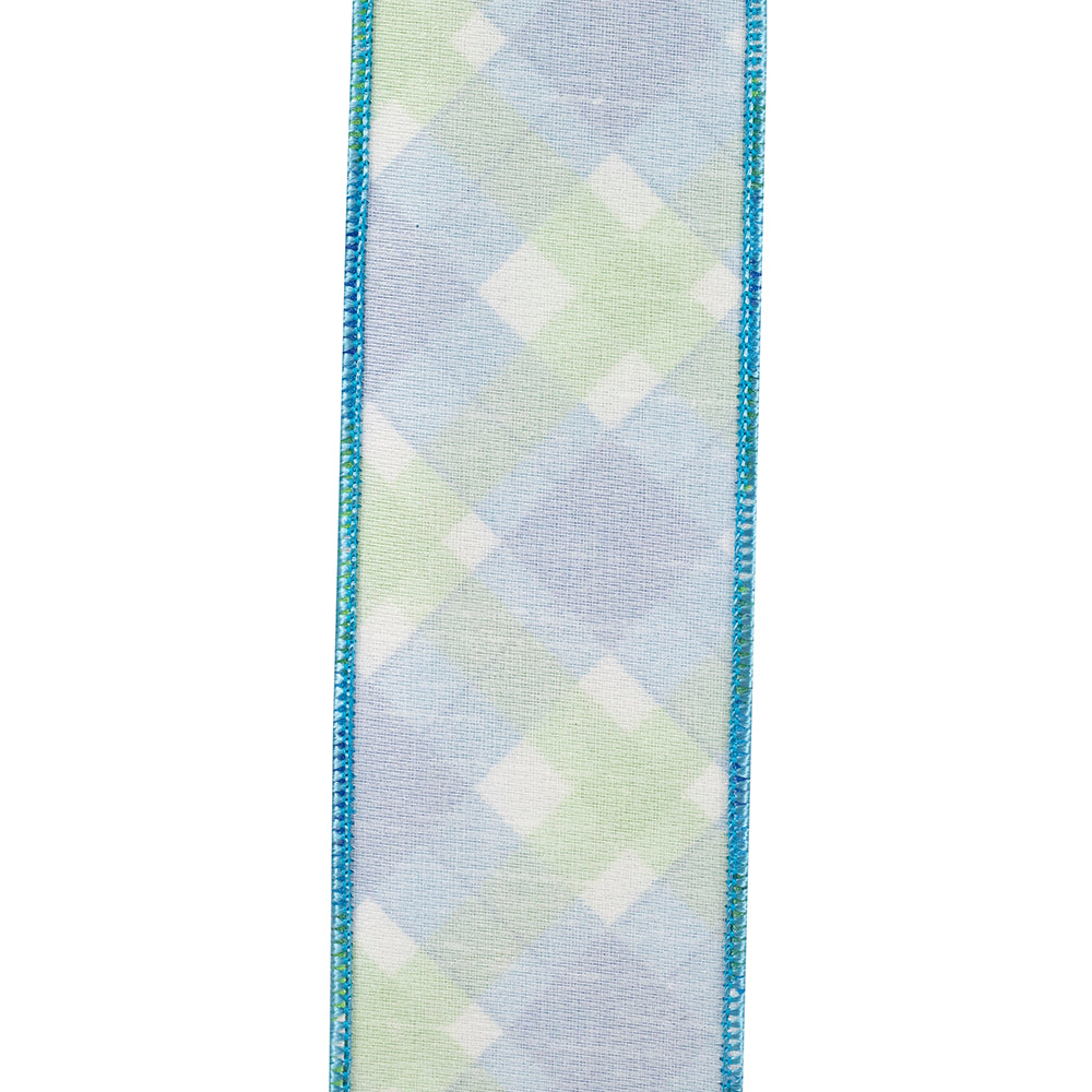 2.5 inch wide Plaid Seaway Deluxe wired edge ribbon with blue, green, and white checkered pattern.
