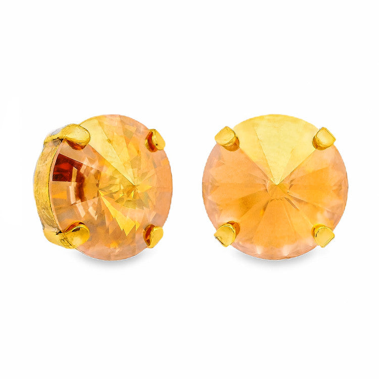 Antique gold-plated stud earrings with large clear crystals on surgical steel posts.