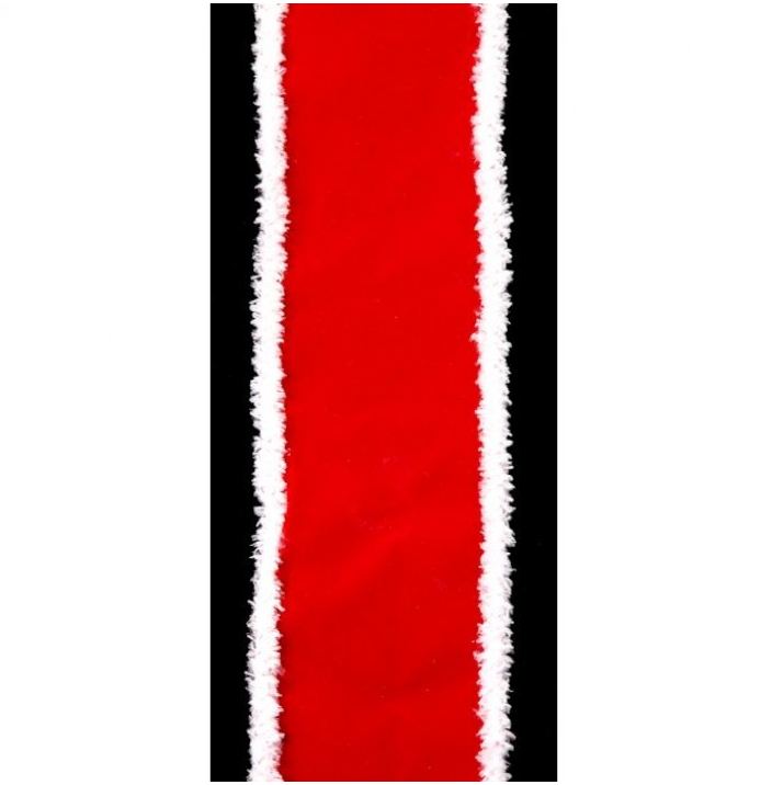 4 inch wide red velvet ribbon with white fuzzy edges, 10 yards long.