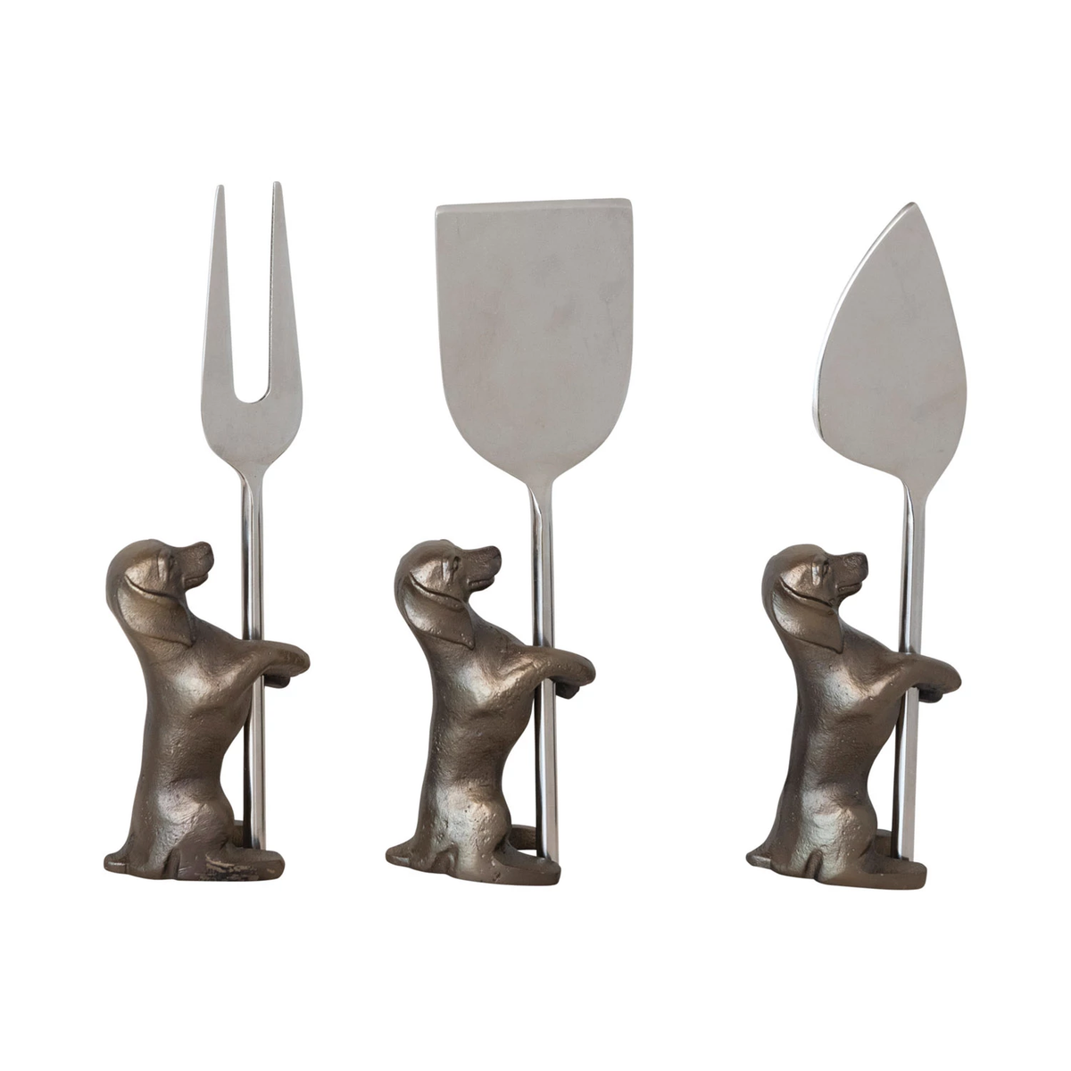 Three stainless steel serving utensils featuring dachshund dog-shaped aluminum stands.