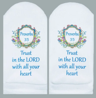 White socks featuring a floral crest with Proverbs 3:5 and the text Trust in the LORD.