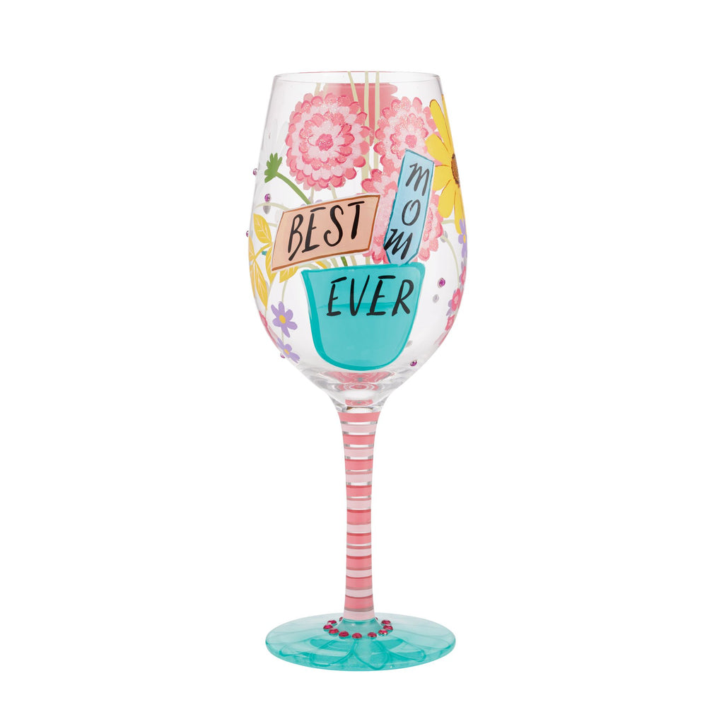 Blown glass wine glass with hand-painted designs, glitter accents, and a cocktail recipe printed on the base.