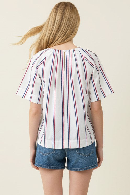 Stella USA inspired stripe blouse in white cotton with balloon sleeves, round neck, and back button detail.
