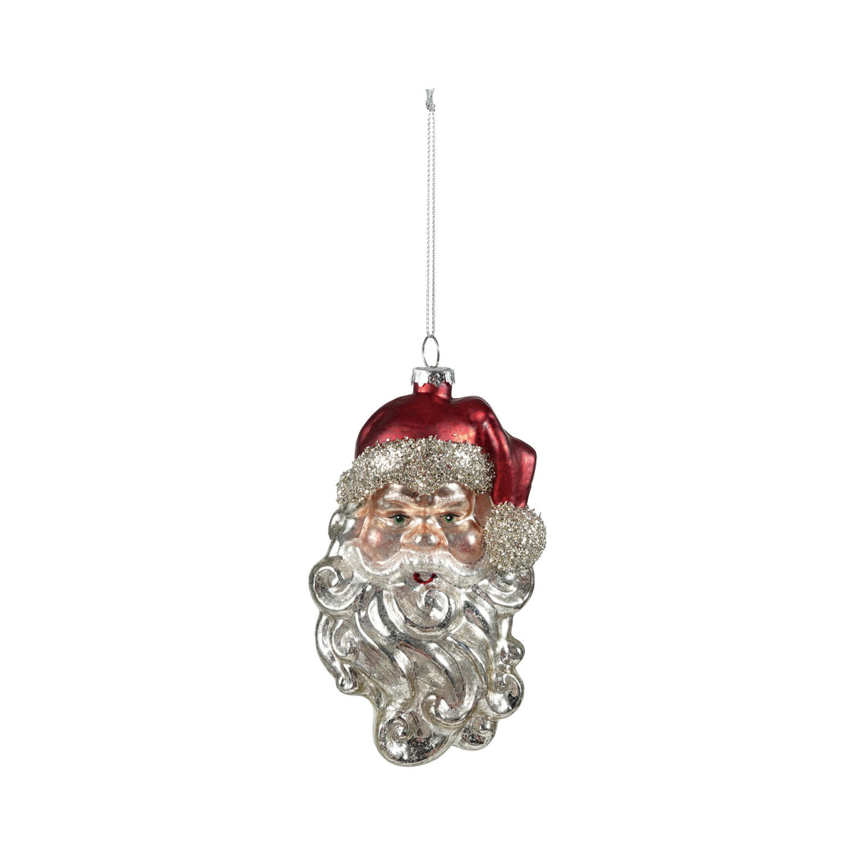 Hand-painted mercury glass Santa head ornament with red hat and silver mica flake accents.