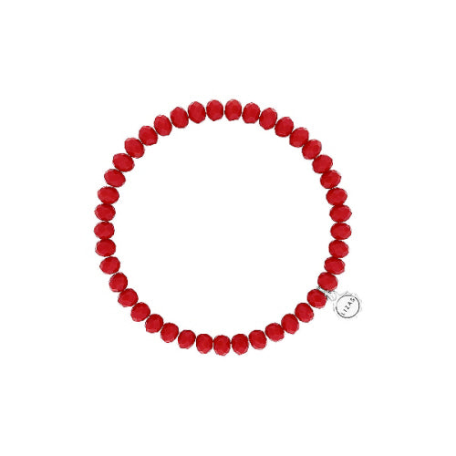 Stretchy bracelet with faceted glass beads in a colorful beaded pattern.