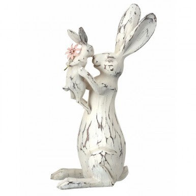 Whitewash resin bunny figurine carved in a kissing baby pose