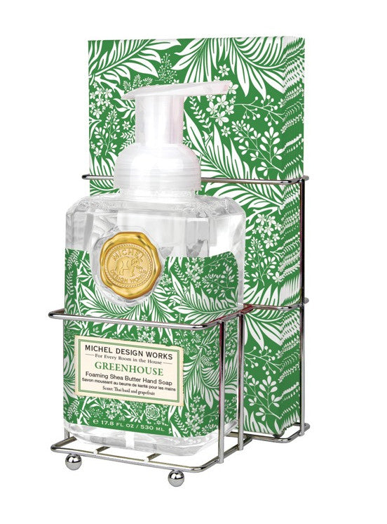 Michel Design Works Greenhouse foaming hand soap and napkin set in a silver wire caddy.